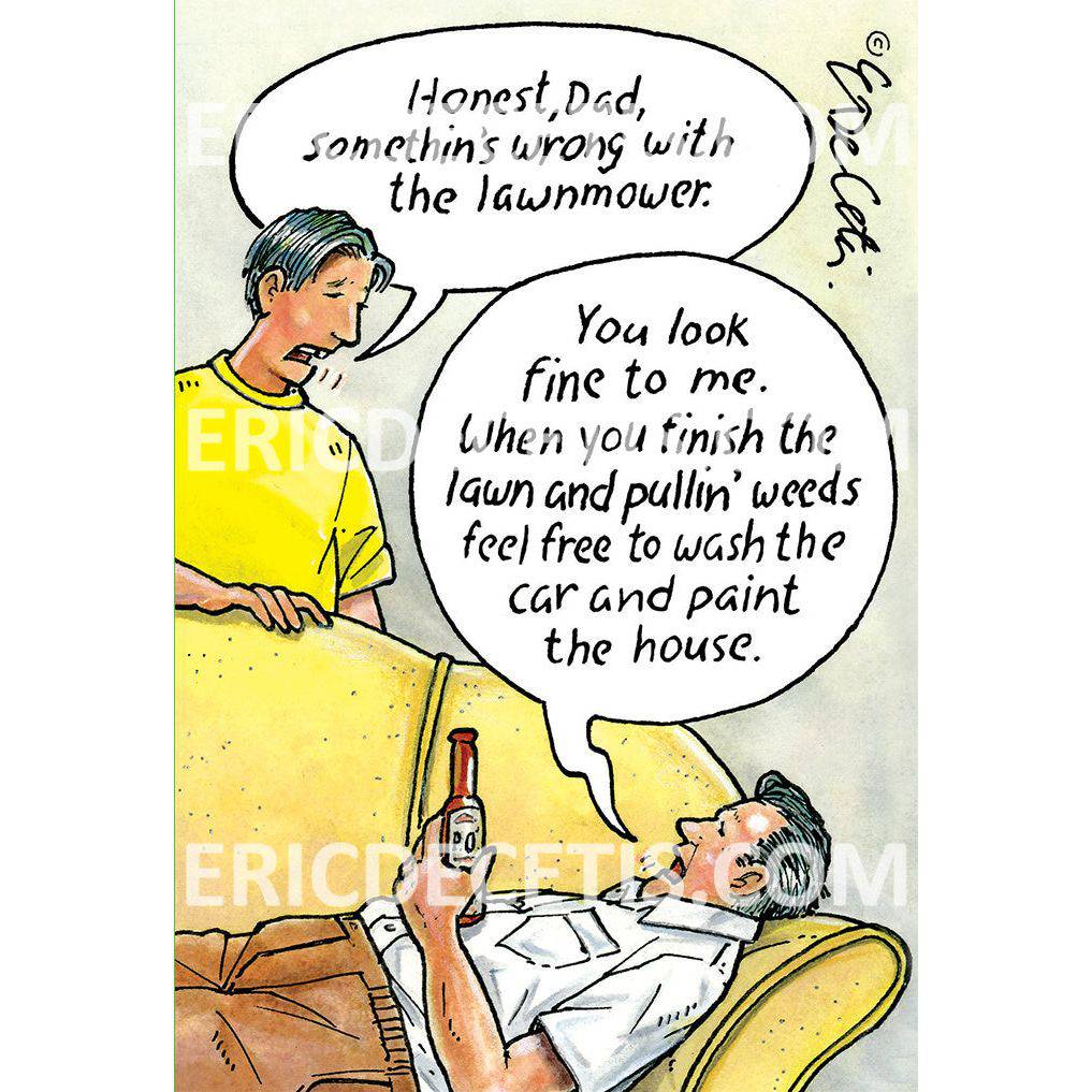 Pictura's "Something's Wrong With Lawnmower" birthday card by Eric Decetis featuring humorous lawnmower illustration.
